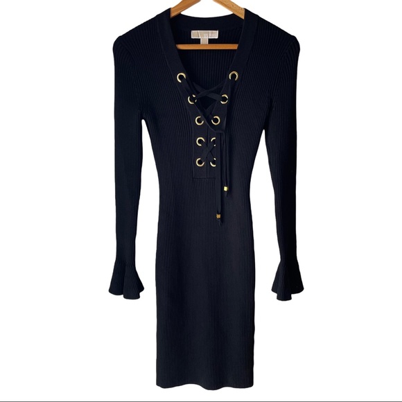 MICHAEL Michael Kors Dresses & Skirts - Michael Kors black ribbed knit lace up collar dress S